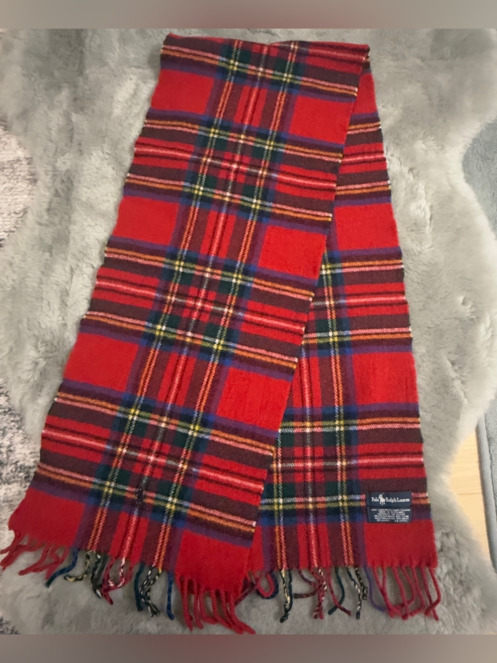 Polo Ralph Lauren 100% Lambswool Tartan Scarf Made in Scotland Red Plaid Classic